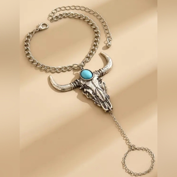 2/$40 Silver and Turquoise Bull Skull Hand Chain Bracelet (#031) - Picture 3 of 5